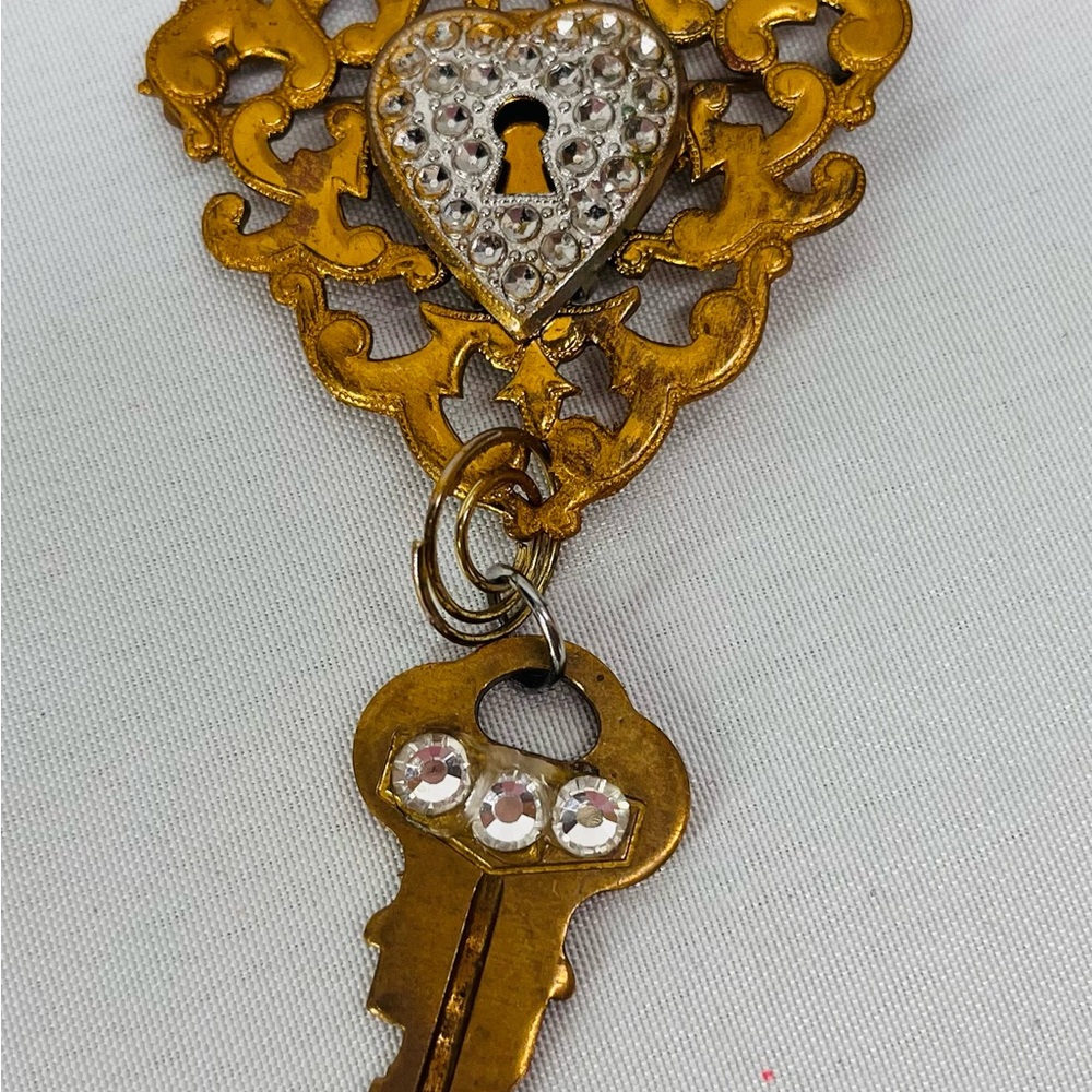 Gold and Silver Heart Lock & Key Brooch with Rhinestones